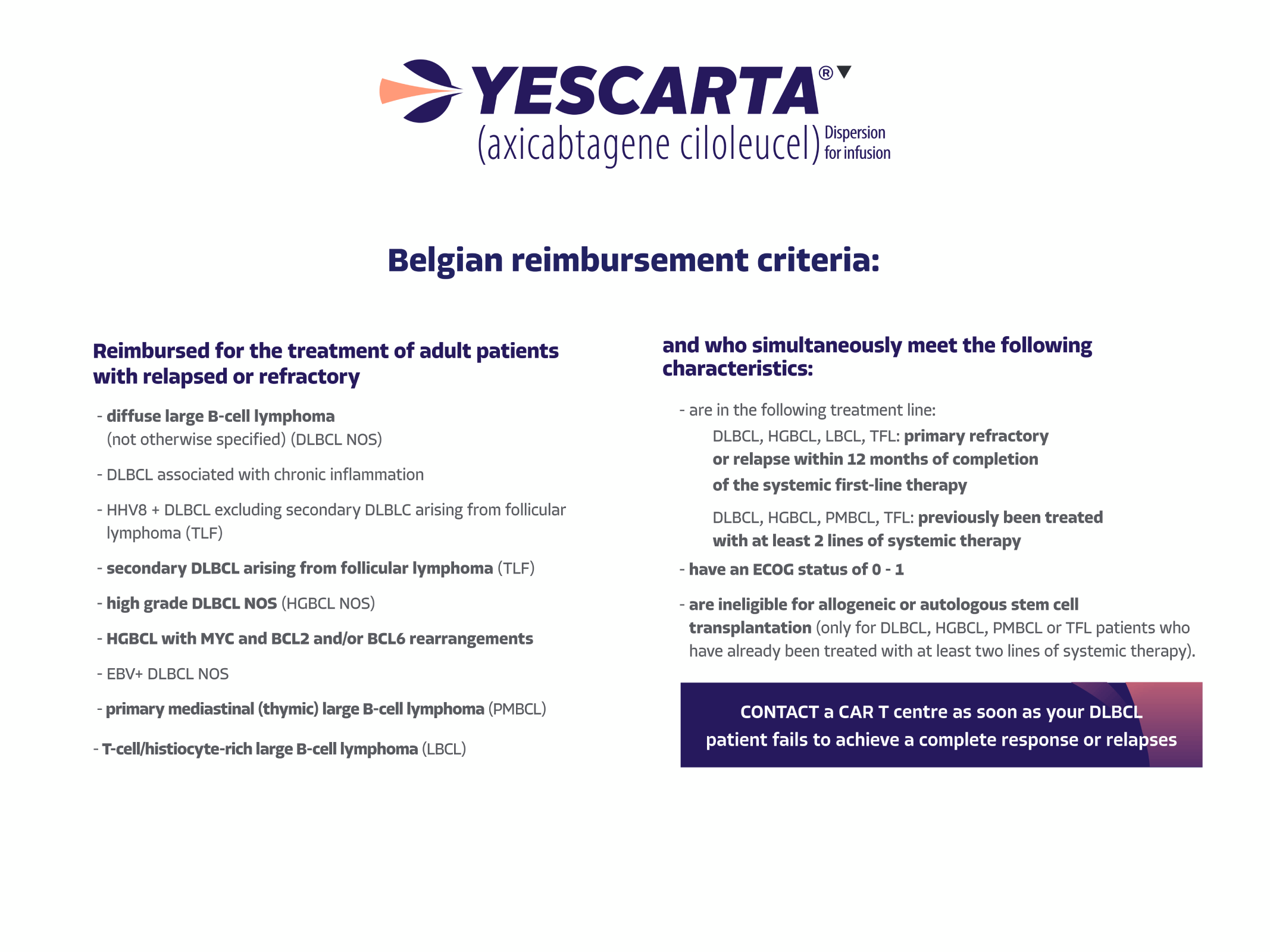 Yescarta Belgian reimbursement criteria